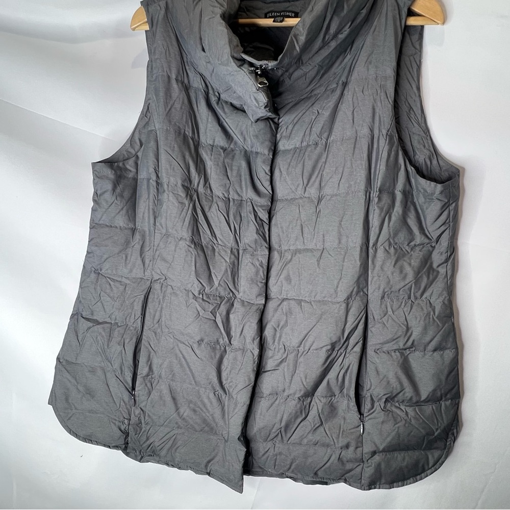 Eileen Fisher Womens Large Down Insulated Full Zip Vest Cowl Neck Quilted Gray
